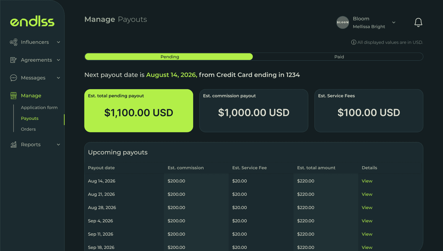 Payouts in Endlss