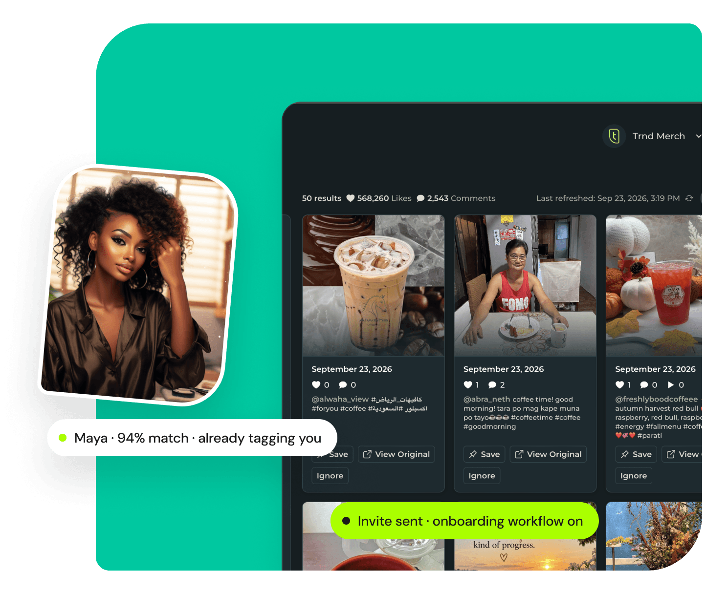 Creator discovery results in Endlss, beside a creator who is a 94% match and already tagging the brand, with an onboarding invite sent.