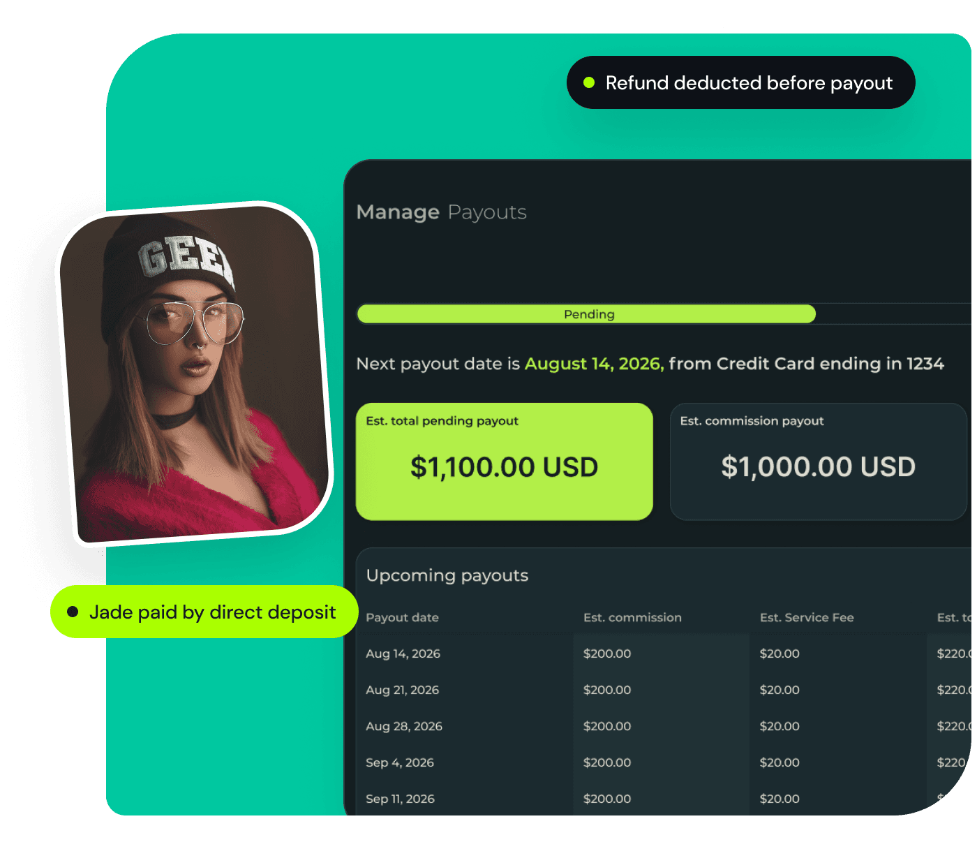 Upcoming creator payouts in Endlss on a teal panel, with a refund deducted before payout and a creator paid by direct deposit.