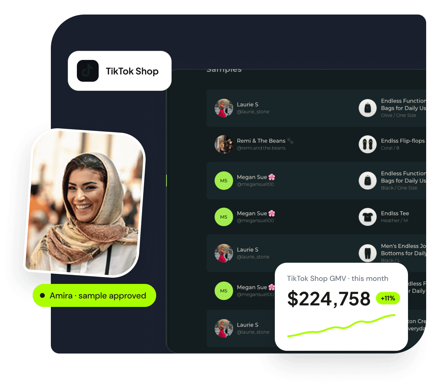 TikTok Shop samples managed in Endlss, beside a creator whose sample was approved and this month's TikTok Shop GMV.