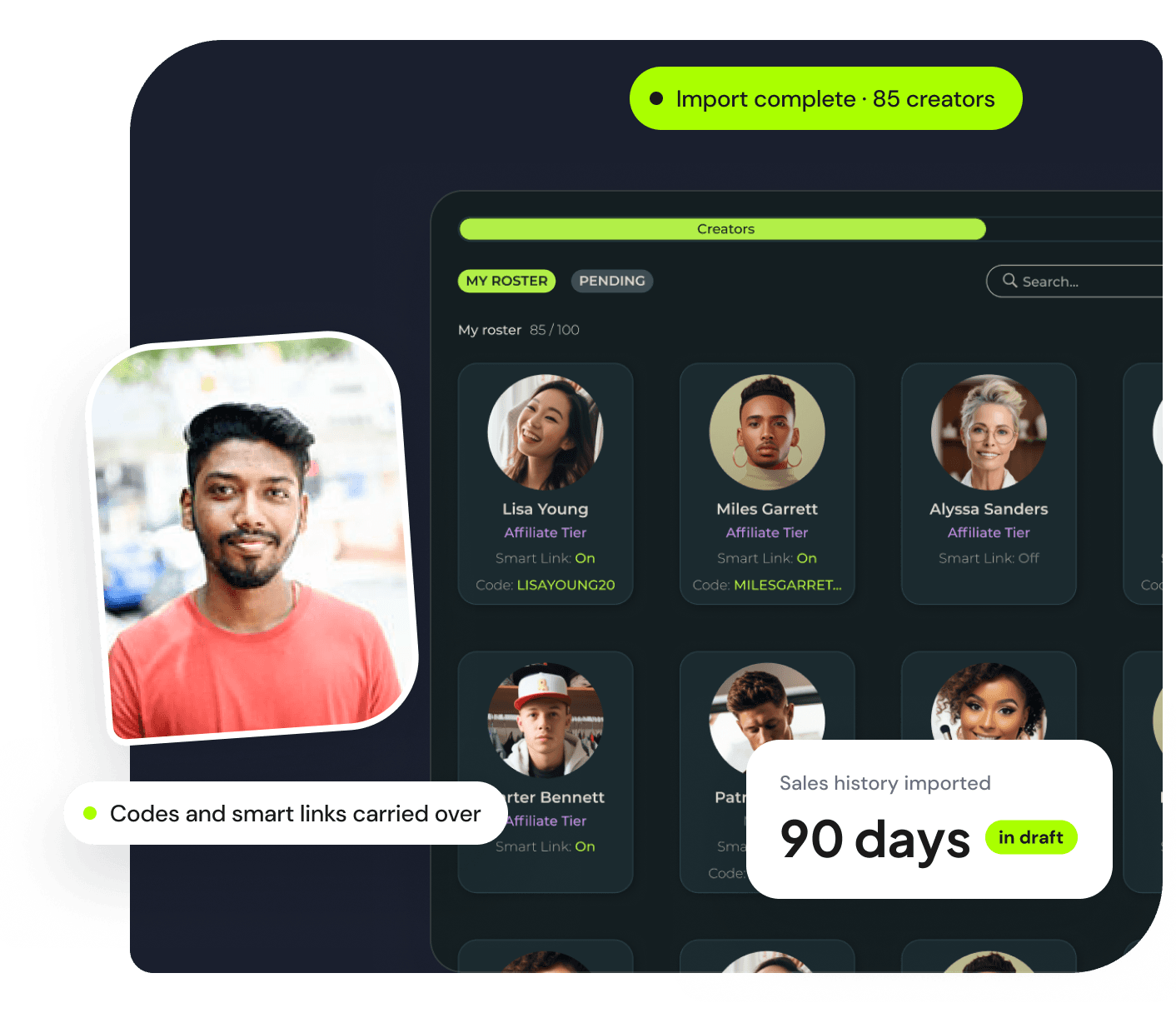 A creator roster imported into an Endlss draft workspace, with codes and smart links carried over and 90 days of sales history.